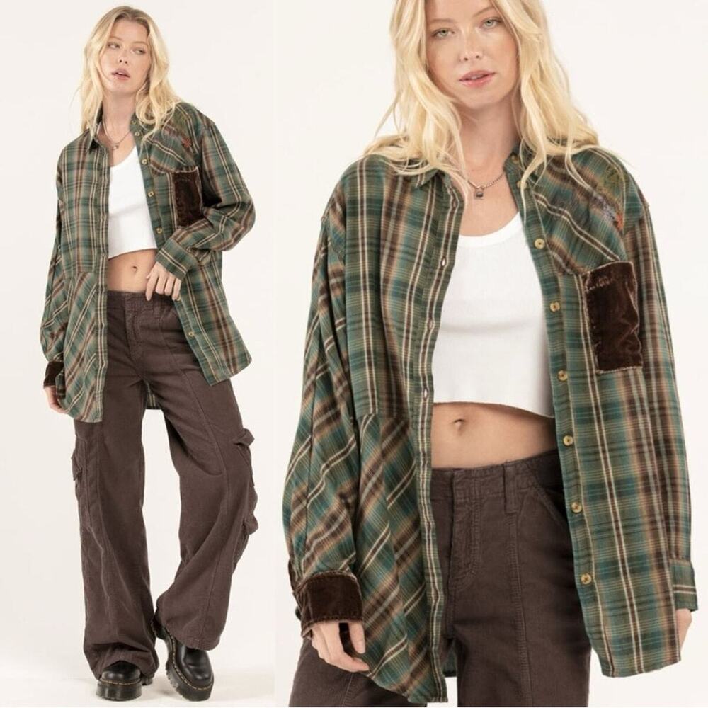 BDG Jeans Urban Outfitters Cotton Plaid Shirt Mushroom Embroidery Velvet Trim S
